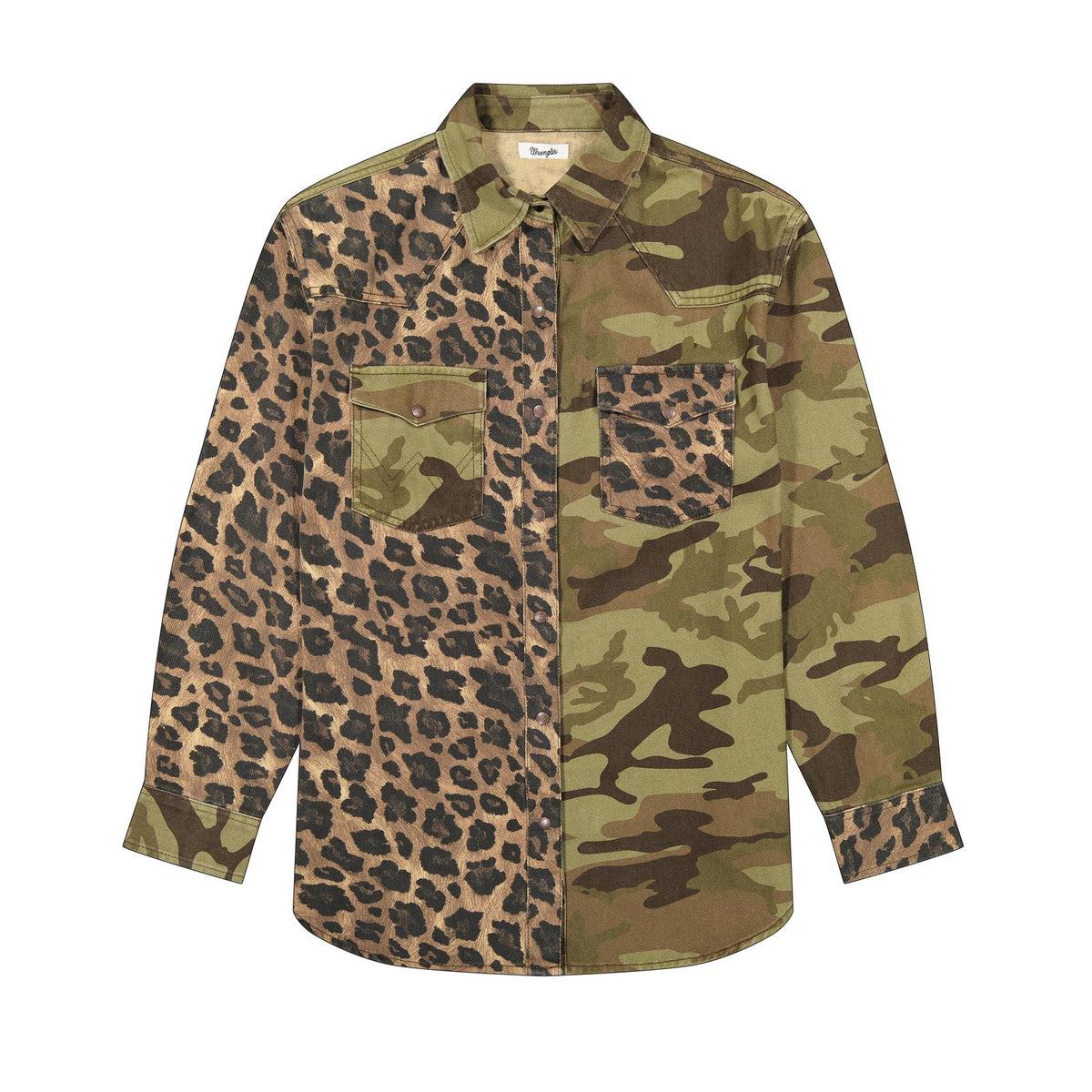 Front of women's Wrangler Retro boyfriend snap shirt with contrasting green camouflage and leopard-print panels, two chest pockets, and long sleeves.