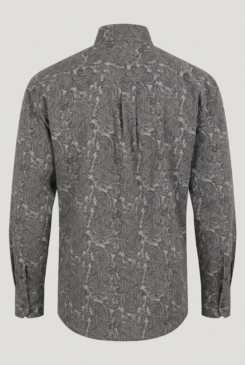Back view of Wrangler George Strait men’s Grey/Black paisley long sleeve stretch shirt with a center box pleat and button cuffs

