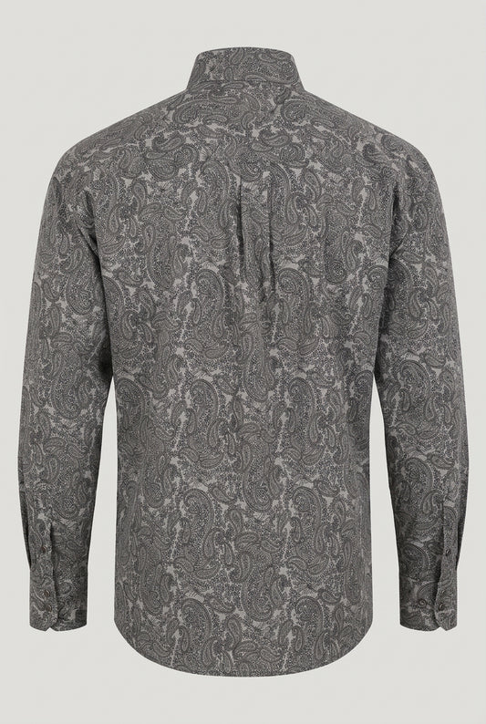 Back view of Wrangler George Strait men’s Grey/Black paisley long sleeve stretch shirt with a center box pleat and button cuffs

