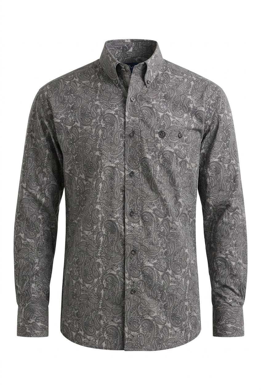 Front view of Wrangler George Strait men’s Grey/Black paisley long sleeve stretch shirt with a button-down collar and single chest pocket