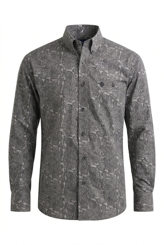 Front view of Wrangler George Strait men’s Grey/Black paisley long sleeve stretch shirt with a button-down collar and single chest pocket