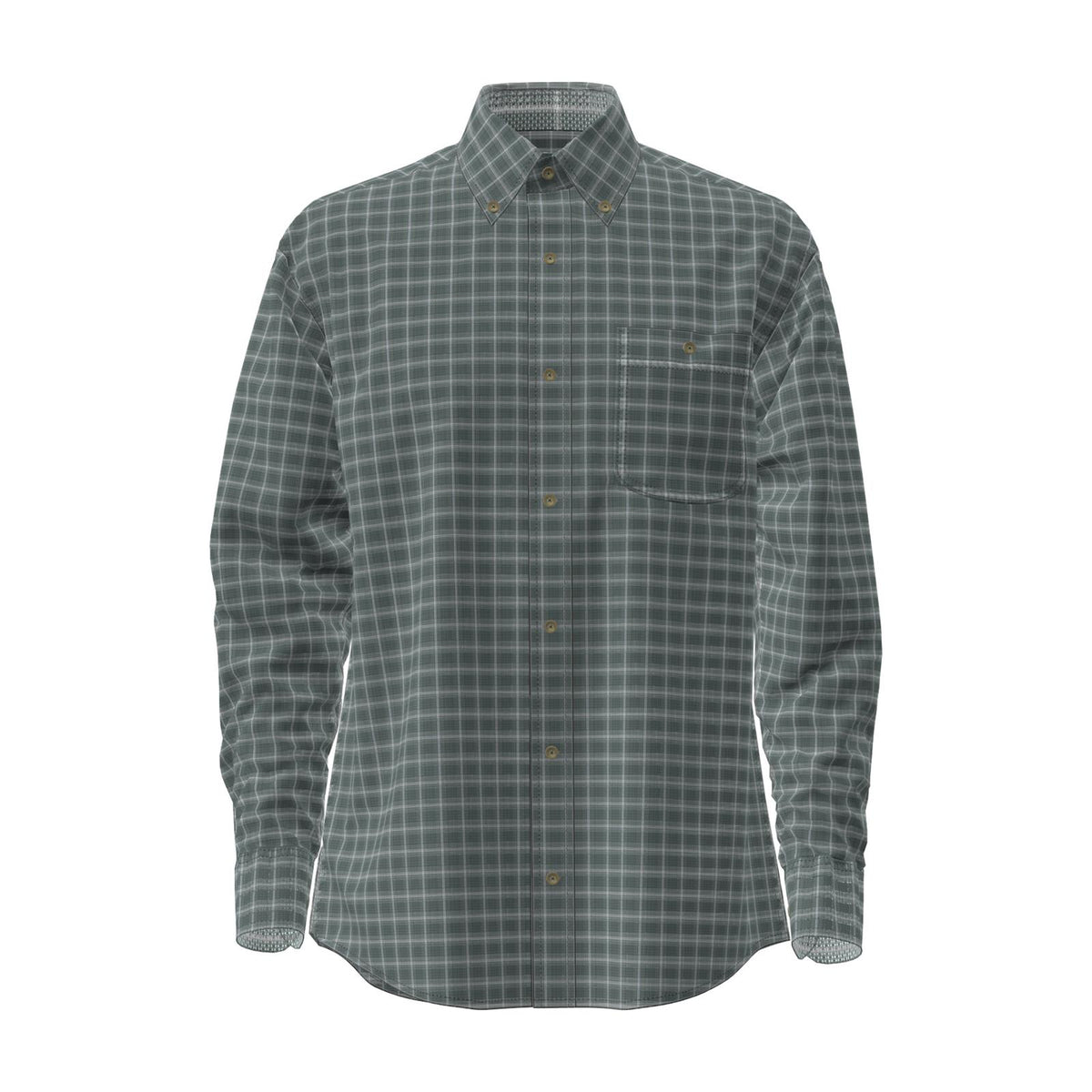 Front view of Wrangler George Strait men’s green plaid long sleeve stretch shirt with a button-down collar and single chest pocket