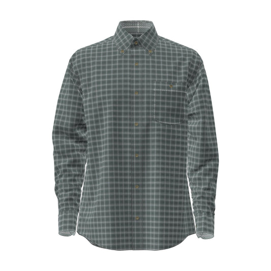 Front view of Wrangler George Strait men’s green plaid long sleeve stretch shirt with a button-down collar and single chest pocket