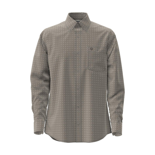 Front view of Wrangler George Strait men’s Burgundy/Tan long sleeve stretch shirt with a circular geometric print, button-down collar, and single chest pocket