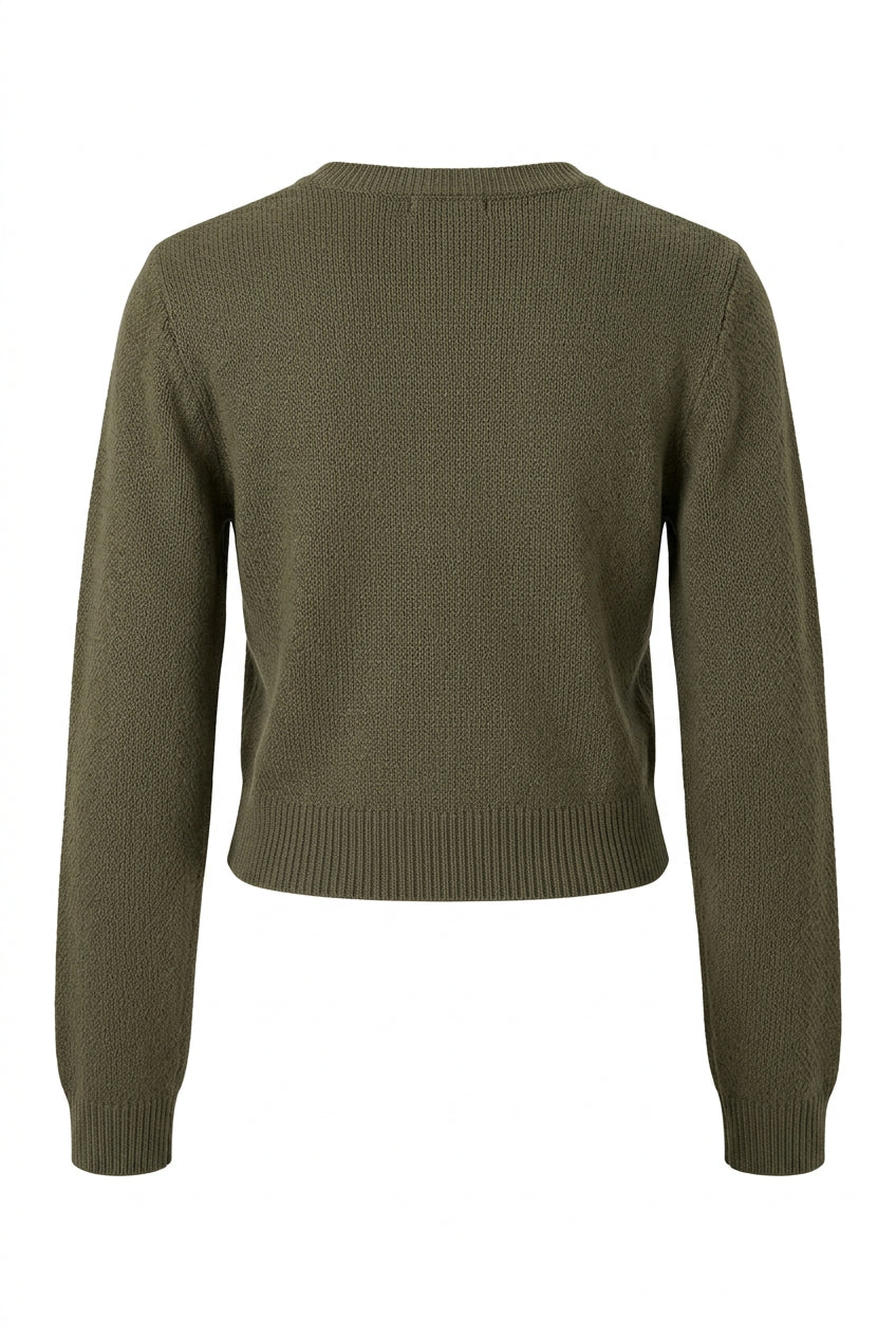 Back of women's green Wrangler Retro crewneck sweater showing a plain knit back, long sleeves, and ribbed cuffs and hem.