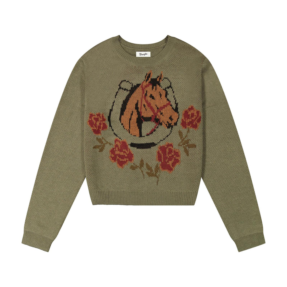 Front of women's green Wrangler Retro crewneck sweater featuring a horse-and-roses design and ribbed neckline, cuffs, and hem.