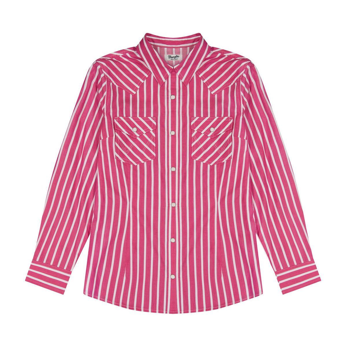 Wrangler women’s pink and white striped long sleeve snap shirt with Western yoke and two flap chest pockets.