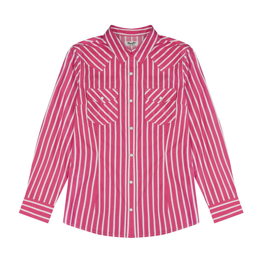 Wrangler women’s pink and white striped long sleeve snap shirt with Western yoke and two flap chest pockets.