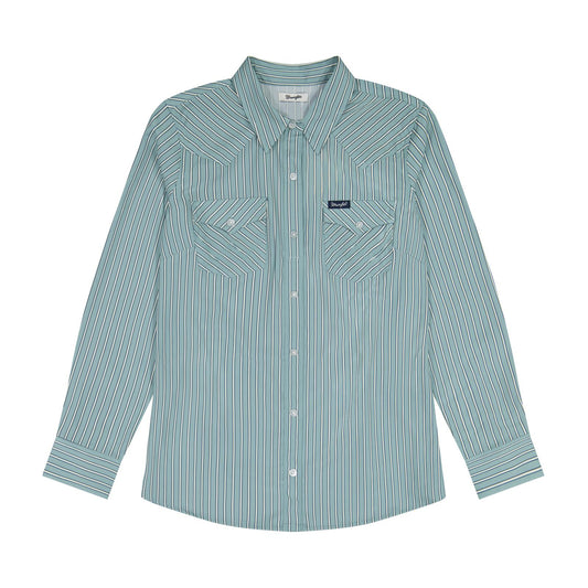 Wrangler women’s Aria green striped long sleeve performance shirt with Western yoke, spread collar and two flap chest pockets.