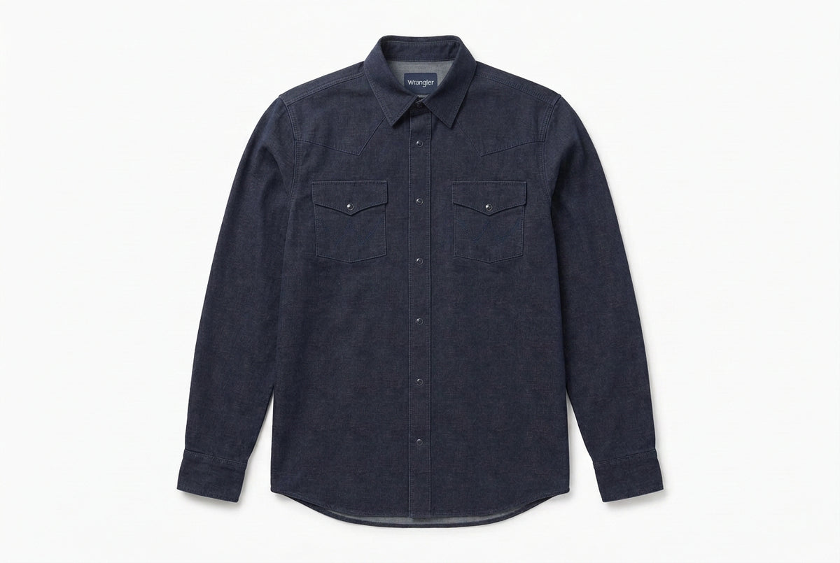 Front view of Wrangler X Cody Johnson men’s Navy classic fit long sleeve shirt with snap closures and two flap chest pockets