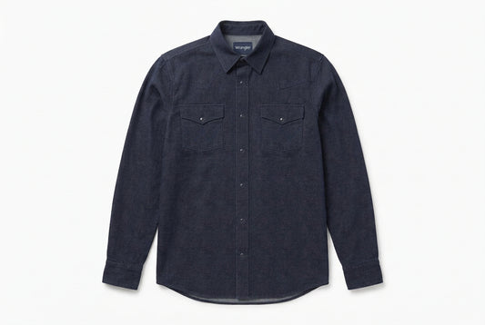 Front view of Wrangler X Cody Johnson men’s Navy classic fit long sleeve shirt with snap closures and two flap chest pockets