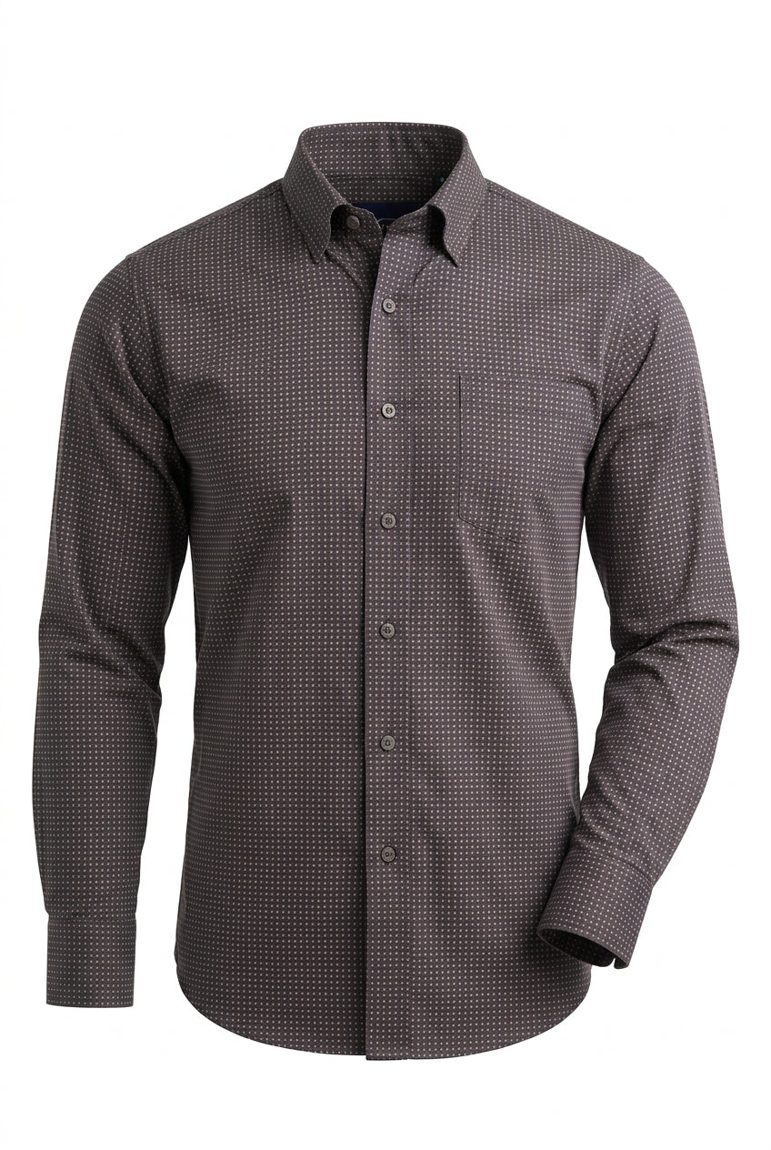 Men’s Wrangler x Cody Johnson navy and brown geometric-print button shirt with long sleeves and a single chest pocket, front view