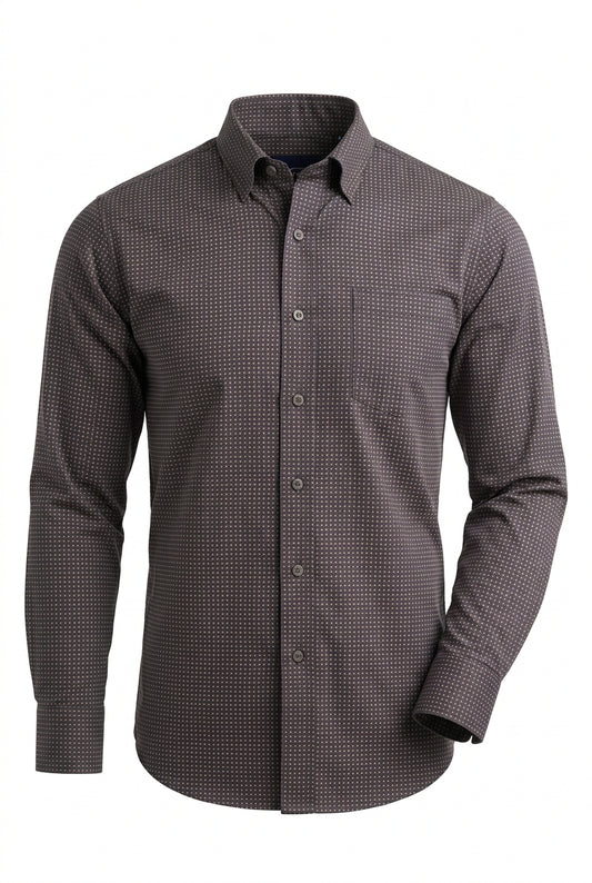 Men’s Wrangler x Cody Johnson navy and brown geometric-print button shirt with long sleeves and a single chest pocket, front view