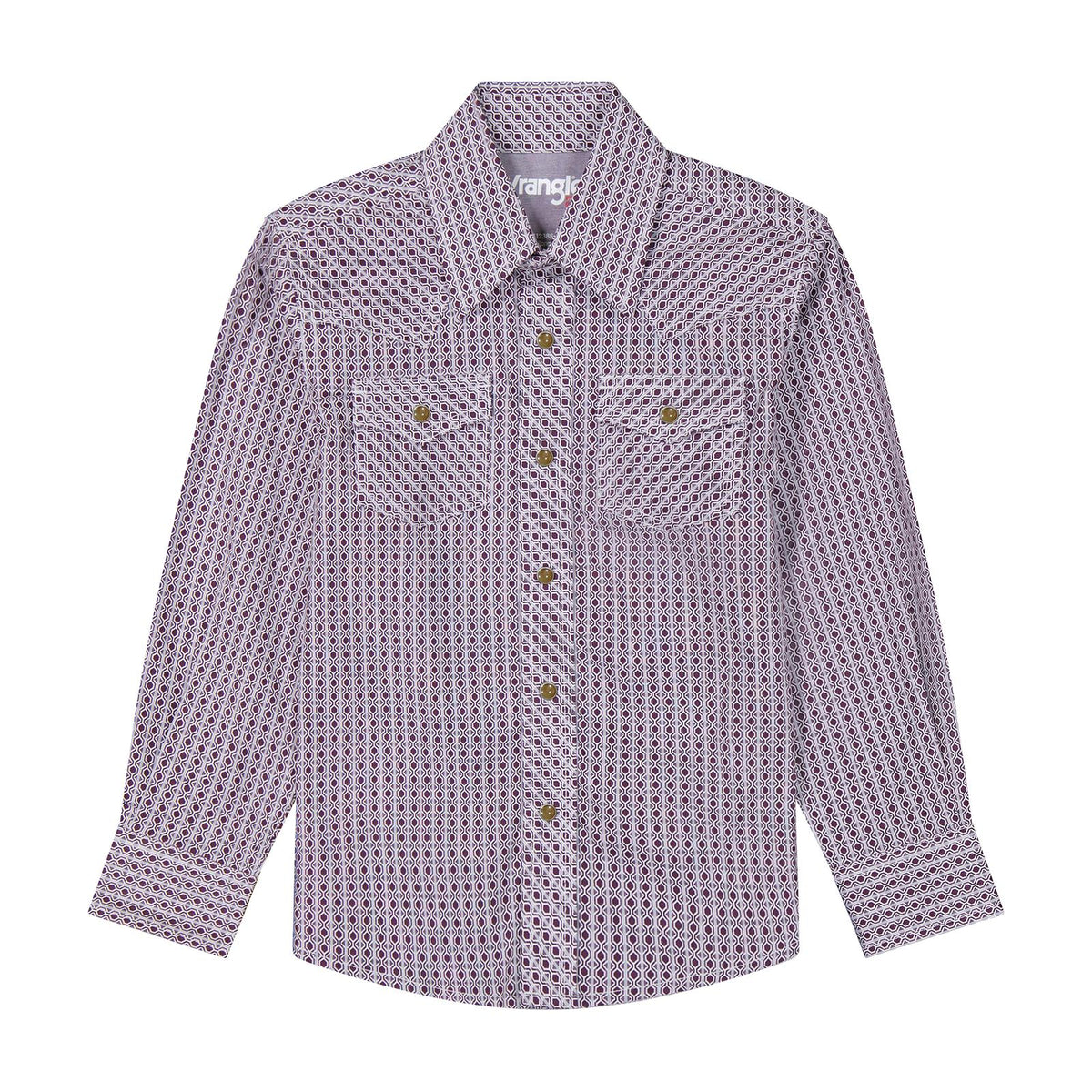 Front of boys' Wrangler 20X Advanced Comfort long sleeve shirt in grey and purple geometric print with a pointed collar, snap front, and two snap-flap chest pockets.