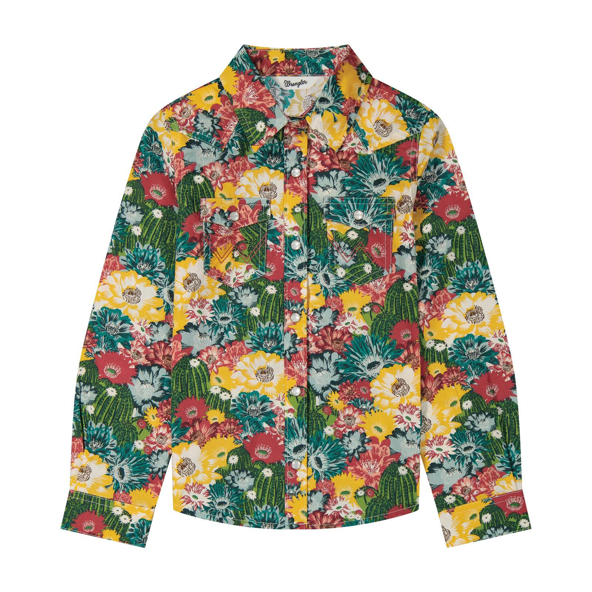 Front of Wrangler girls long sleeve snap shirt with a multicolor cactus-and-floral print, pointed collar, and two snap-flap chest pockets.