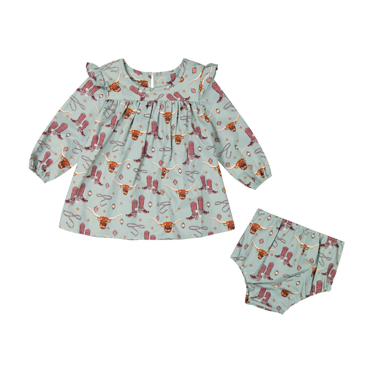 Wrangler baby girls blue trapeze dress with cowboy boot, longhorn, and rope print, long sleeves, ruffle details, and matching diaper cover.