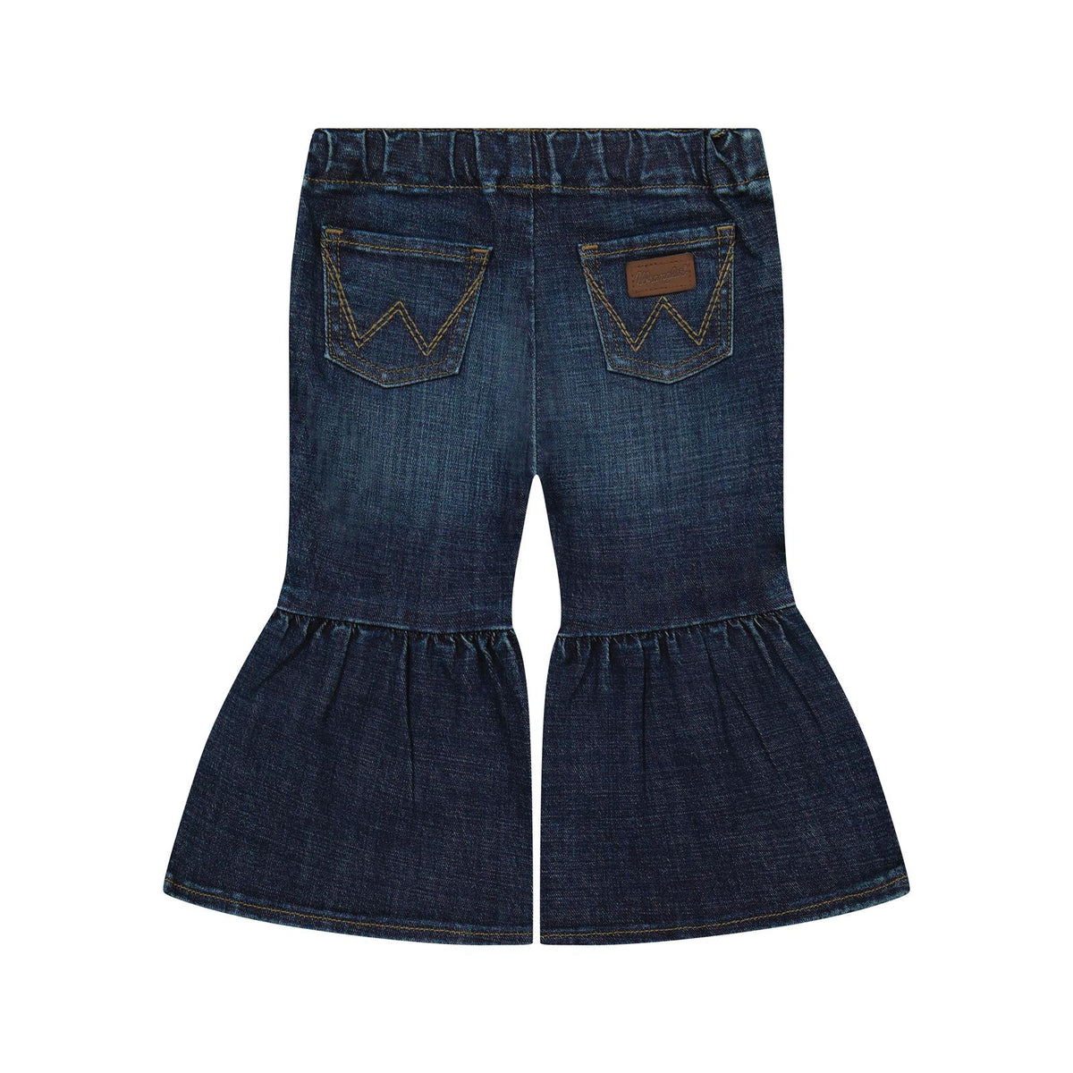 Back view of Wrangler baby girls Izabella dark-wash pull-up flare jeans with gathered flare panels and W-stitched back pockets.