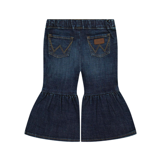 Back view of Wrangler baby girls Izabella dark-wash pull-up flare jeans with gathered flare panels and W-stitched back pockets.