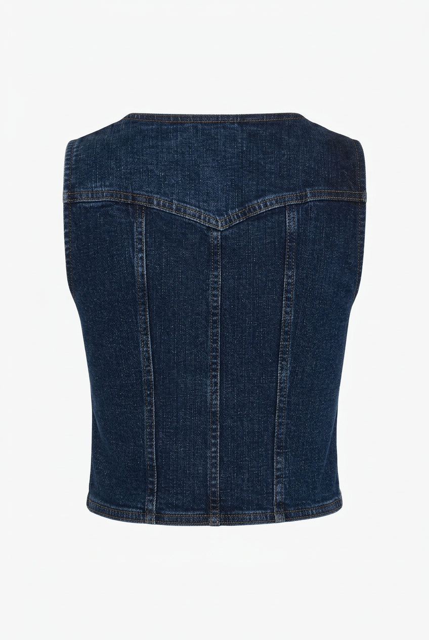 Back of women's Wrangler Retro Americana denim bustier vest showing Western-style yoke seams and vertical seam detailing.