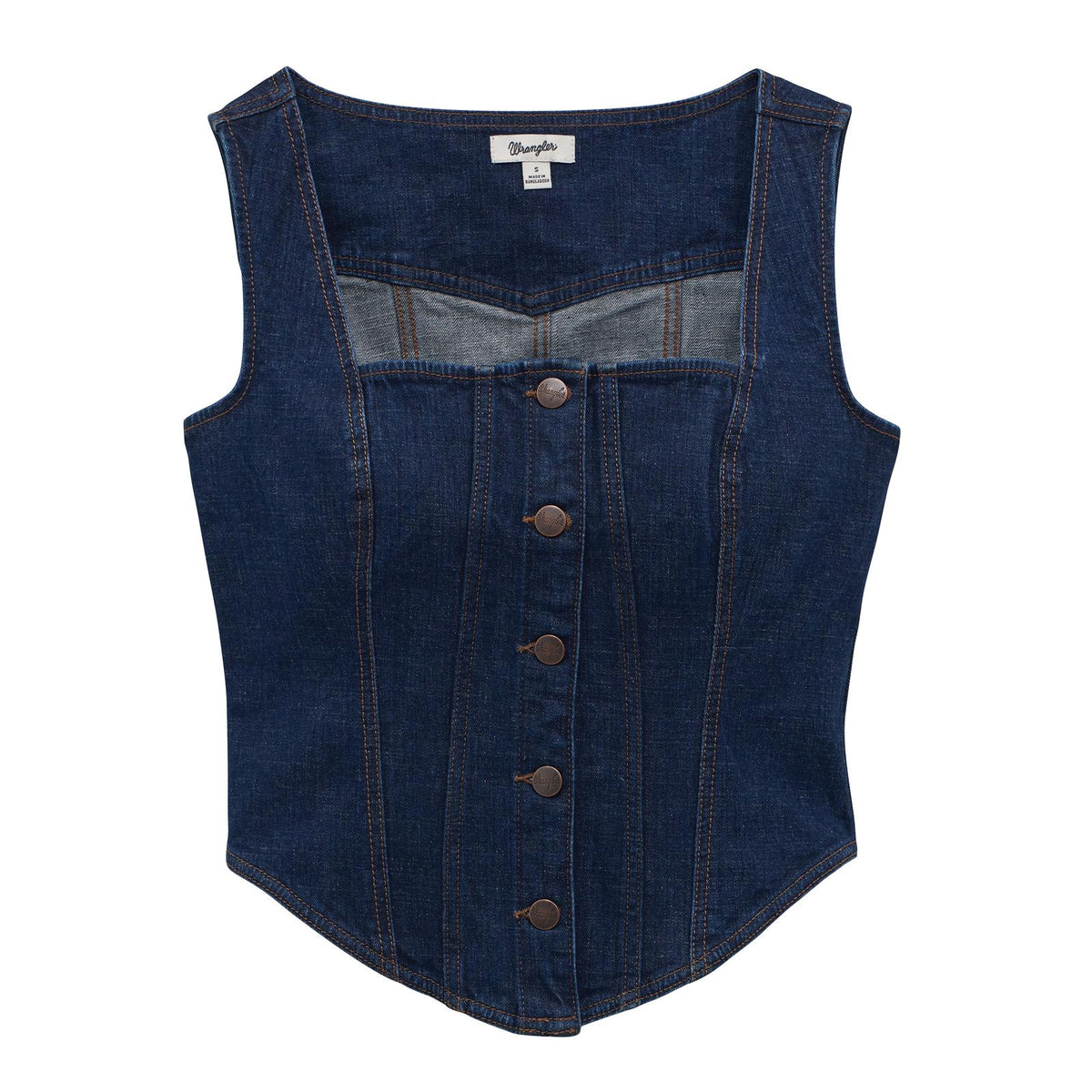 Front of women's Wrangler Retro Americana denim bustier vest with a square neckline, button front, seam detailing, and curved hem.