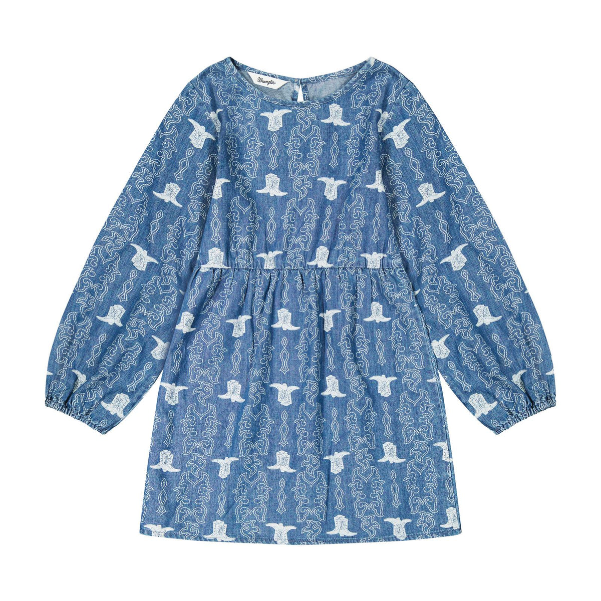 Wrangler girls blue denim dress with white cowboy boot and Western scroll print, long bishop sleeves, and a gathered waist.

