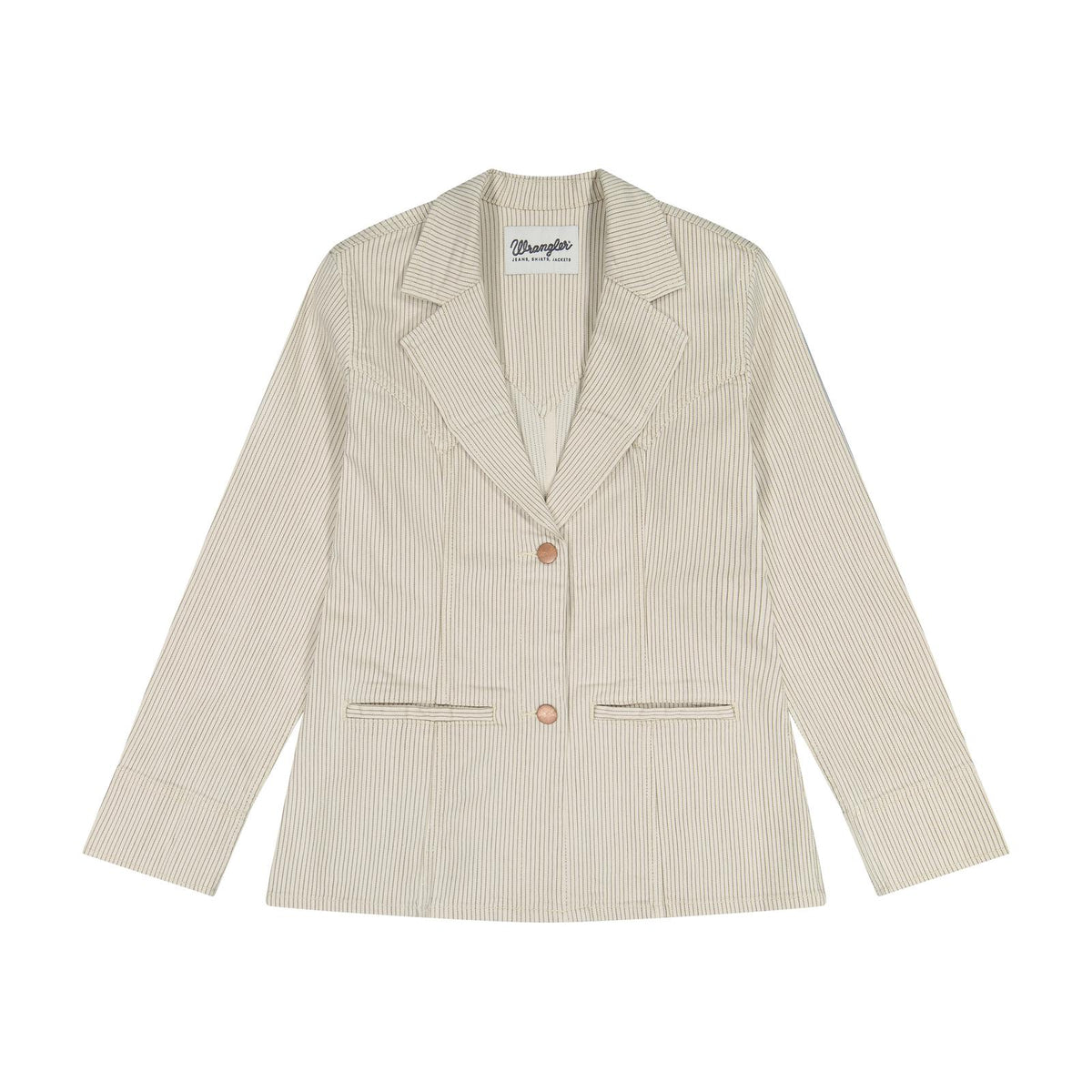Women's Wrangler cream pinstriped blazer with notched lapels, two-button closure, and front welt pockets.