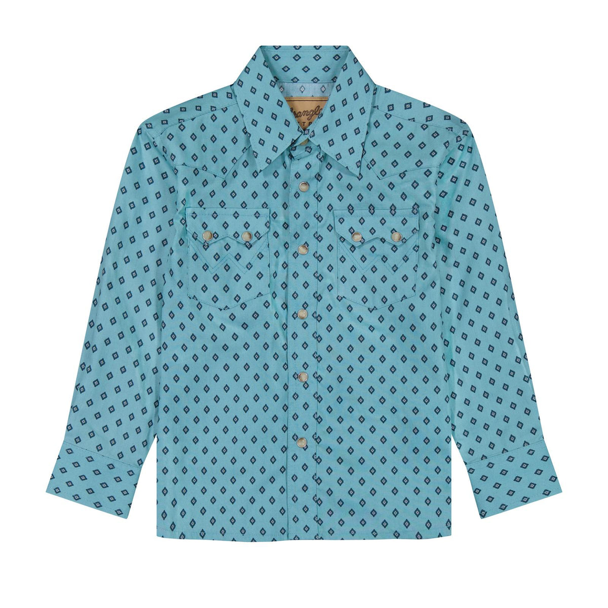 Front of boys' Wrangler Retro turquoise long sleeve shirt with a small geometric print, snap front, pointed collar, and two double-snap flap chest pockets.