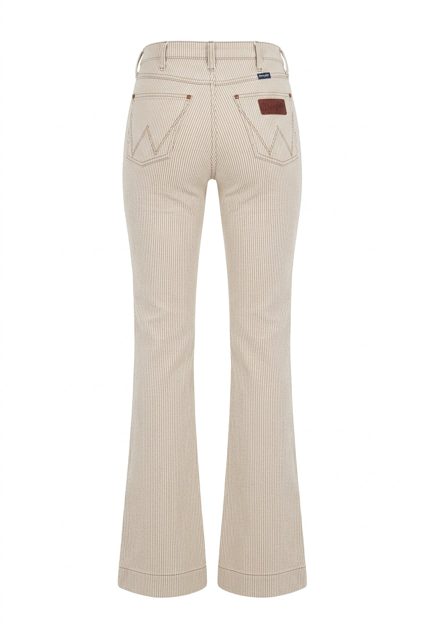 Back of Wrangler Retro Bailey jeans in Ryann, showing pinstriped denim, stitched pockets, and Wrangler patch.