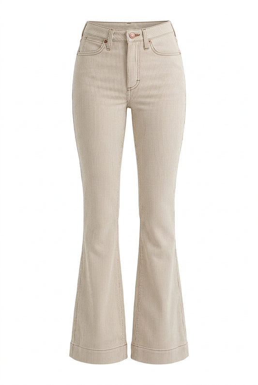 Wrangler Retro Bailey high-rise trouser jeans in Ryann with cream pinstriped denim and flared legs.