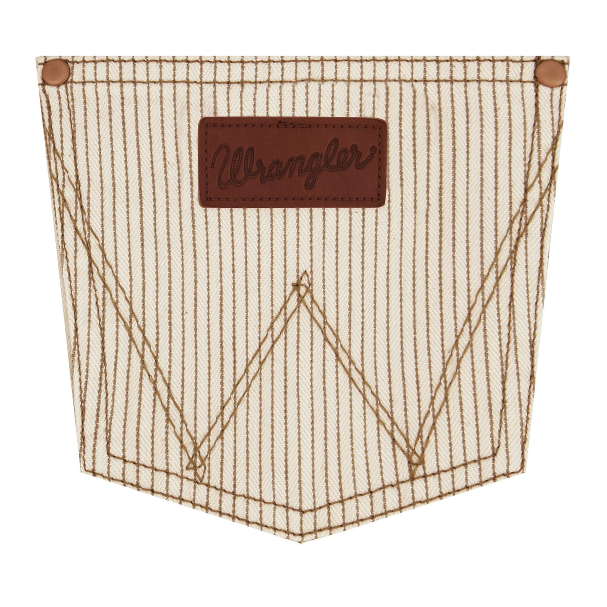 Close-up of the Wrangler Bailey jeans’ pinstriped back pocket with W stitching and brown Wrangler patch.