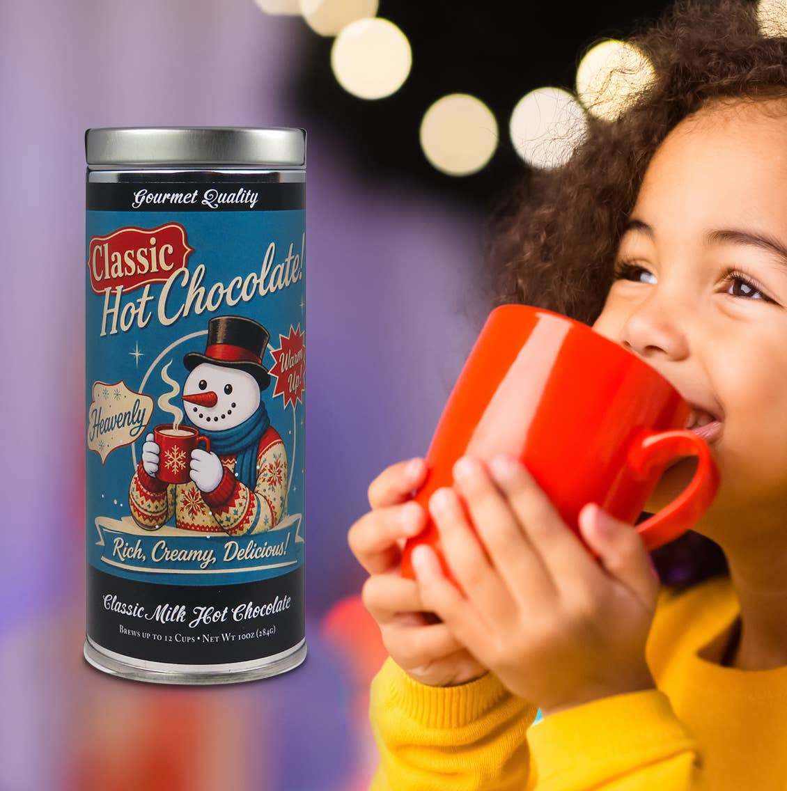 Child holding a red mug beside a Wonderland Classic Hot Chocolate snowman tin