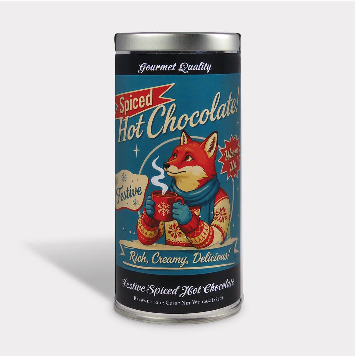 Wonderland Spiced Hot Chocolate tin featuring a fox in a winter sweater holding a red mug