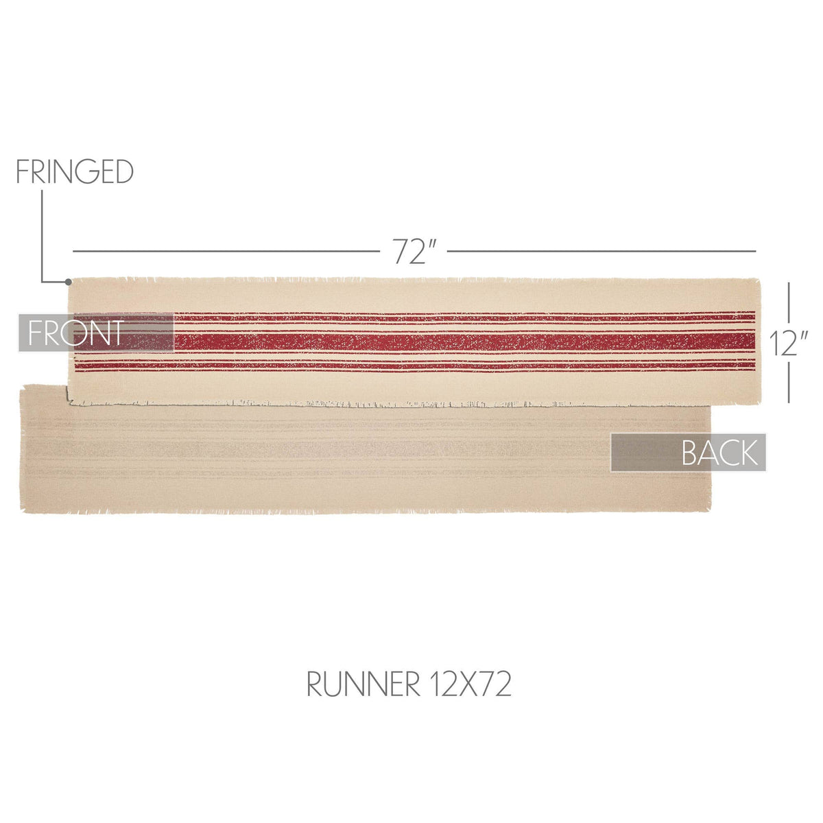Yuletide red stripe table runner size guide showing the front and back, measuring 12 by 72 inches.
