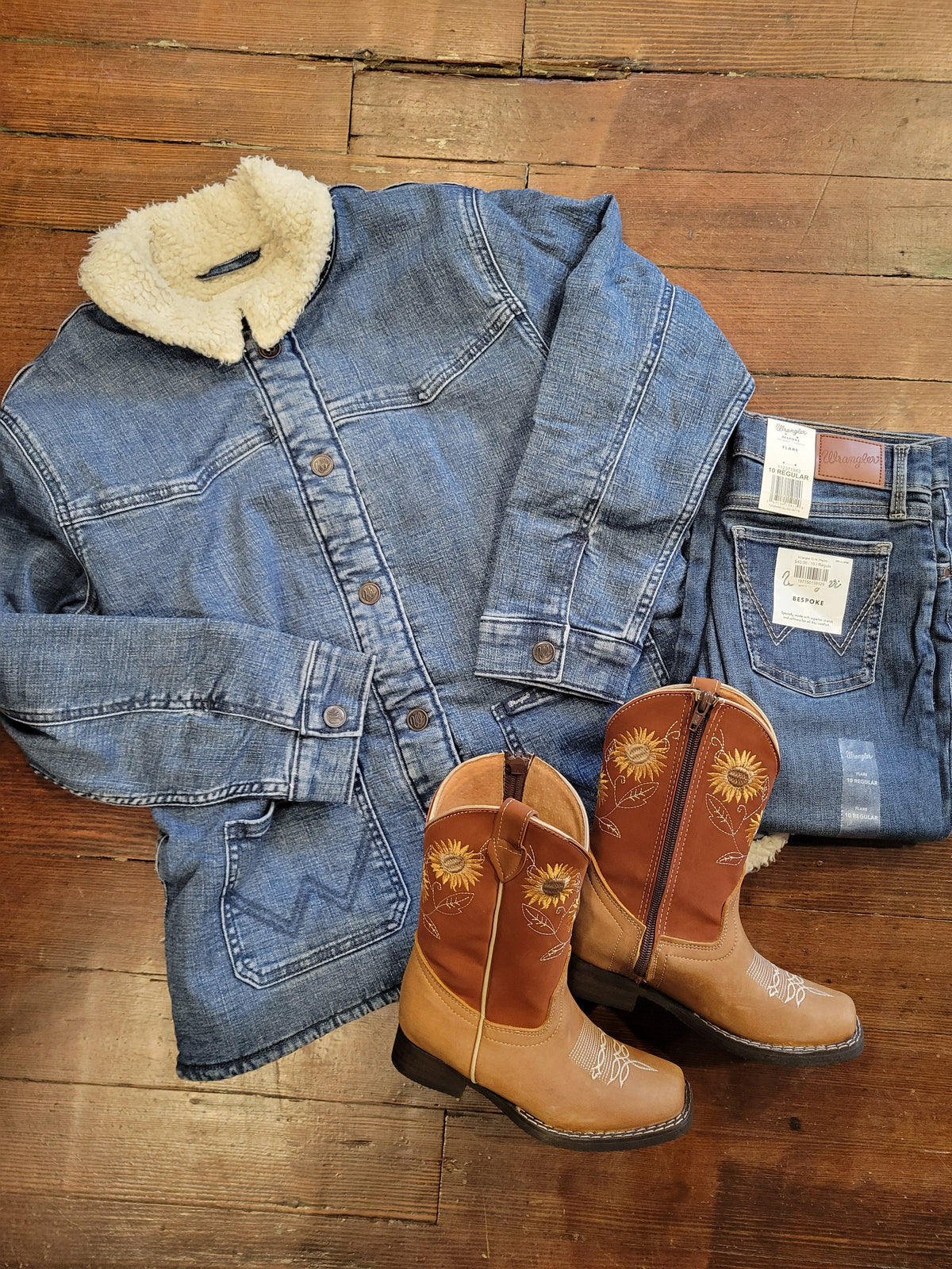 Kids Denim Jacket, sunflower boots and Jeans