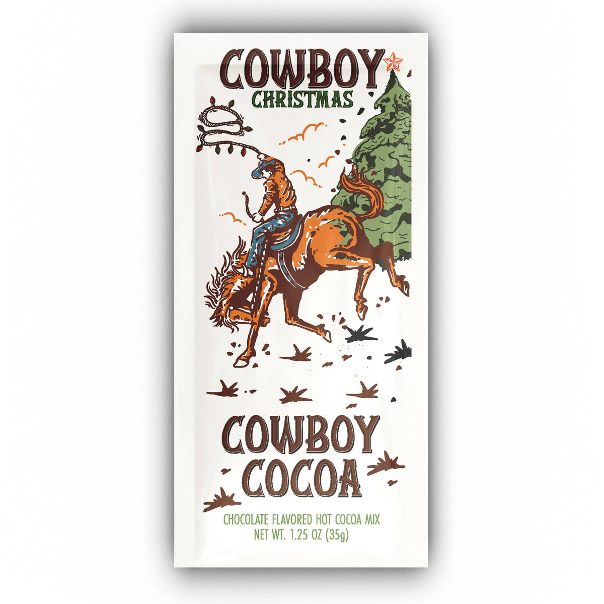 Cowboy Christmas Chocolate Cocoa 1.25 oz packet featuring a cowboy riding a bucking horse beside a Christmas tree