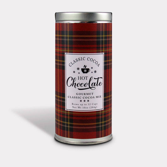 Classic Cocoa Hot Chocolate mix in a red tartan plaid tin with a silver lid