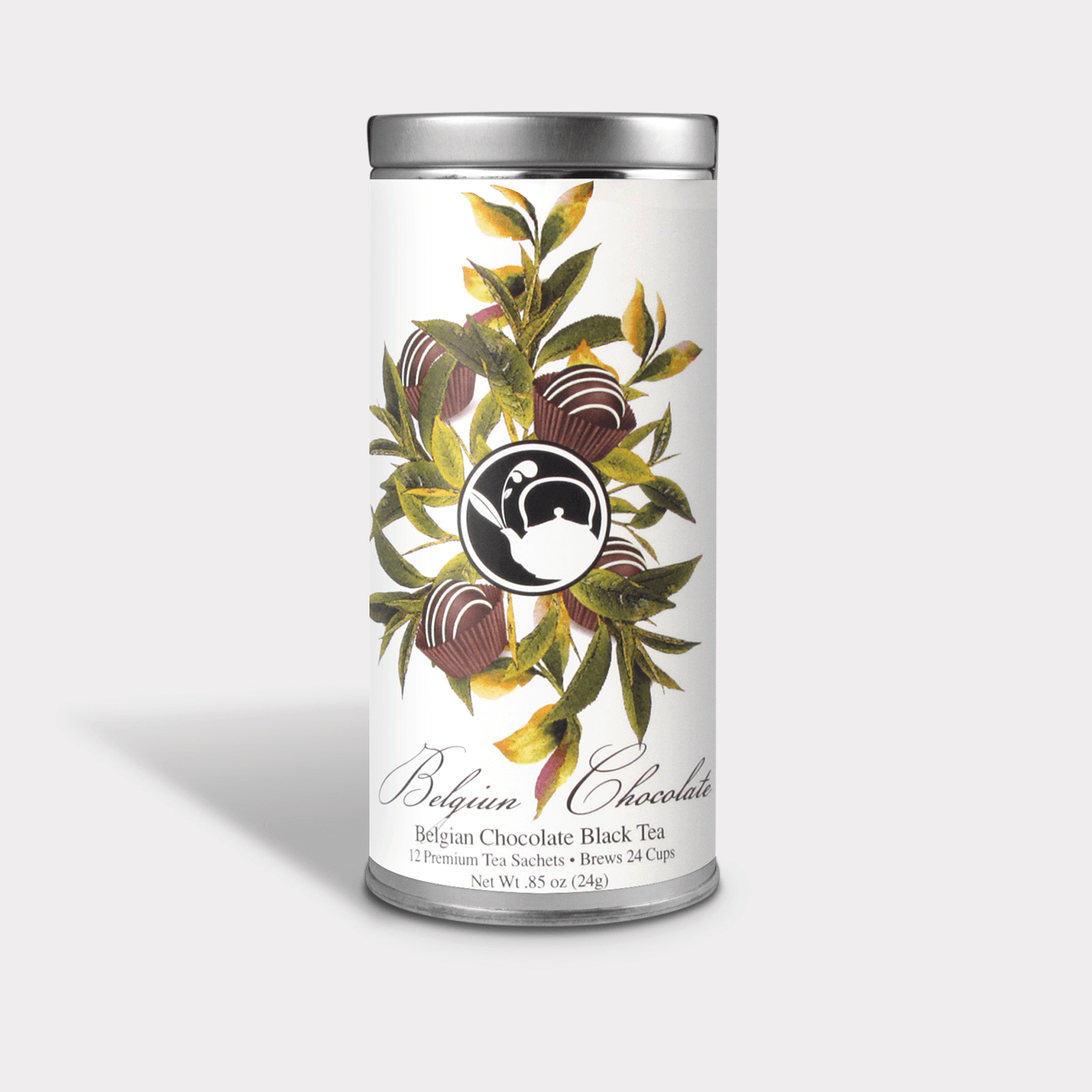 Belgian Chocolate Black Tea tall tin with illustrated chocolate truffles, green leaves, and a black-and-white teapot logo