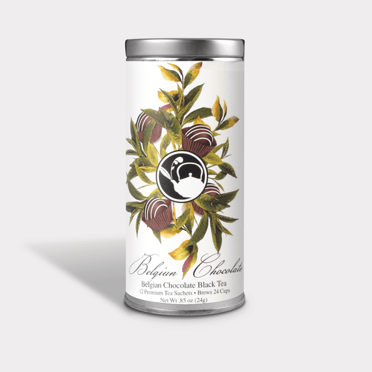 Belgian Chocolate Black Tea tall tin with illustrated chocolate truffles, green leaves, and a black-and-white teapot logo