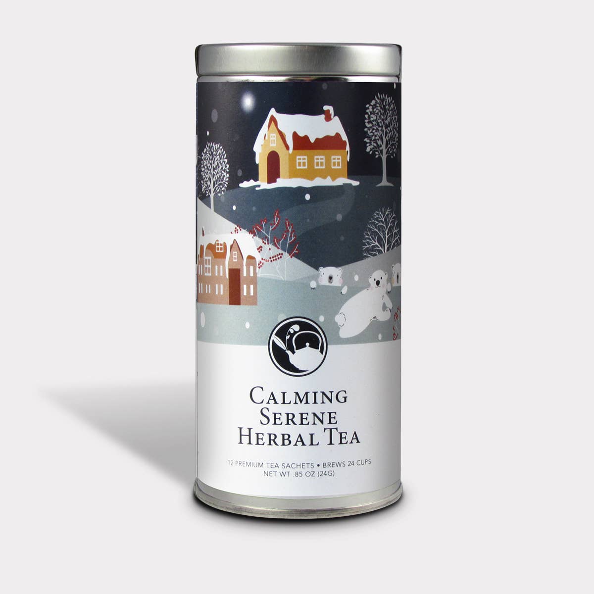 Calming Serene Herbal Tea gift tin with a snowy holiday village design and 12 tea sachets