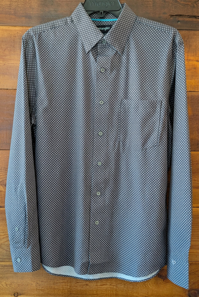 Wrangler x Cody Johnson grey and purple patterned long-sleeve button-front shirt with a pointed collar and chest pocket.