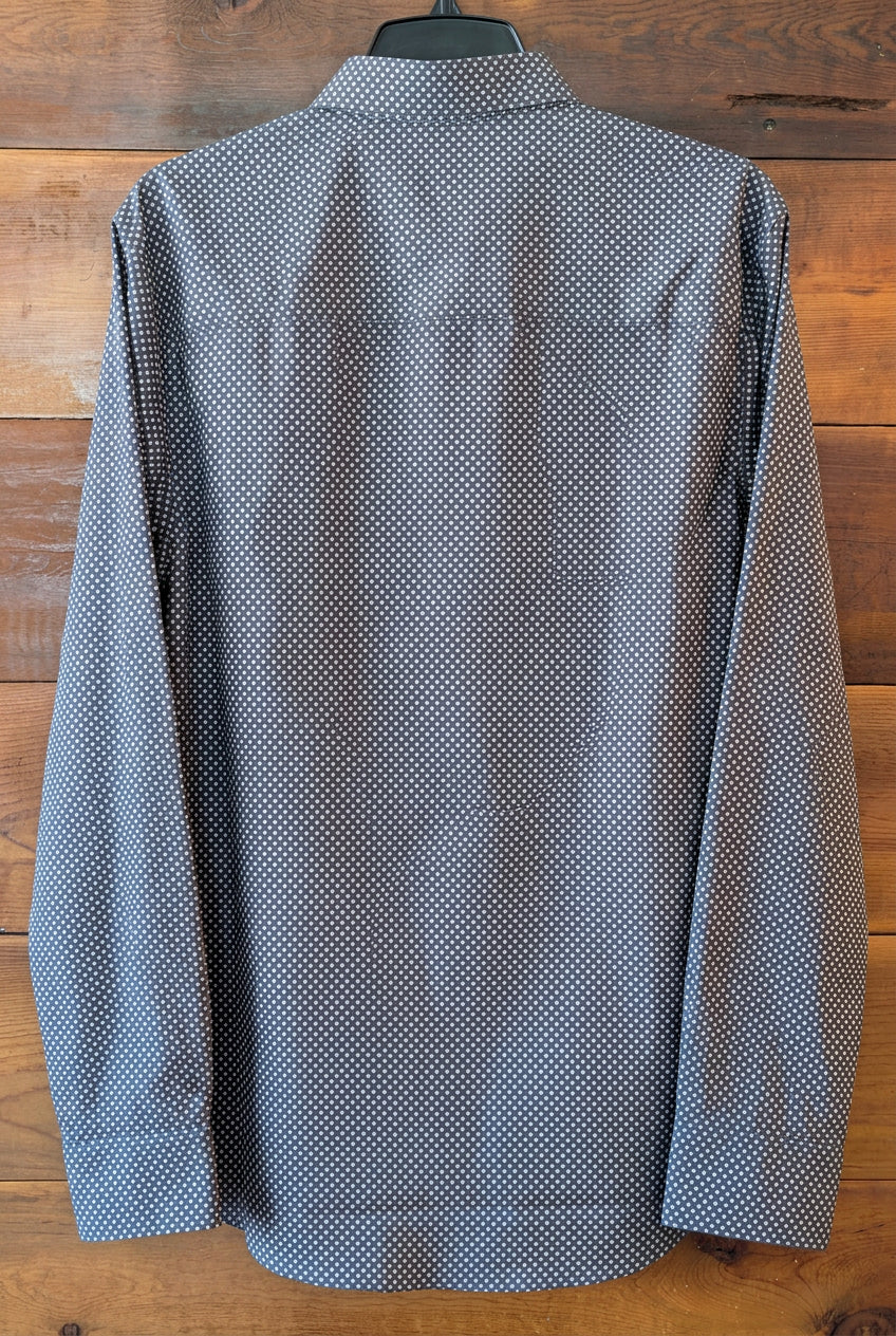 Back view of Wrangler x Cody Johnson grey and purple patterned long-sleeve shirt with a straight back yoke.