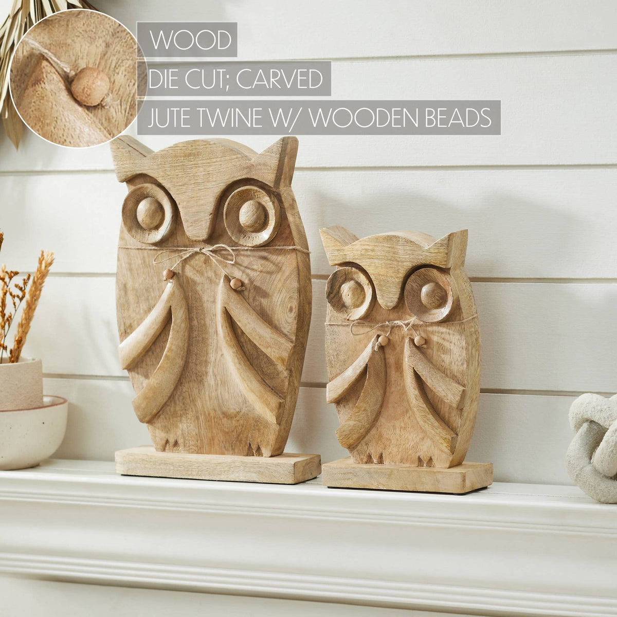 Detail graphic highlighting carved wood owl features and jute twine bows with wooden beads