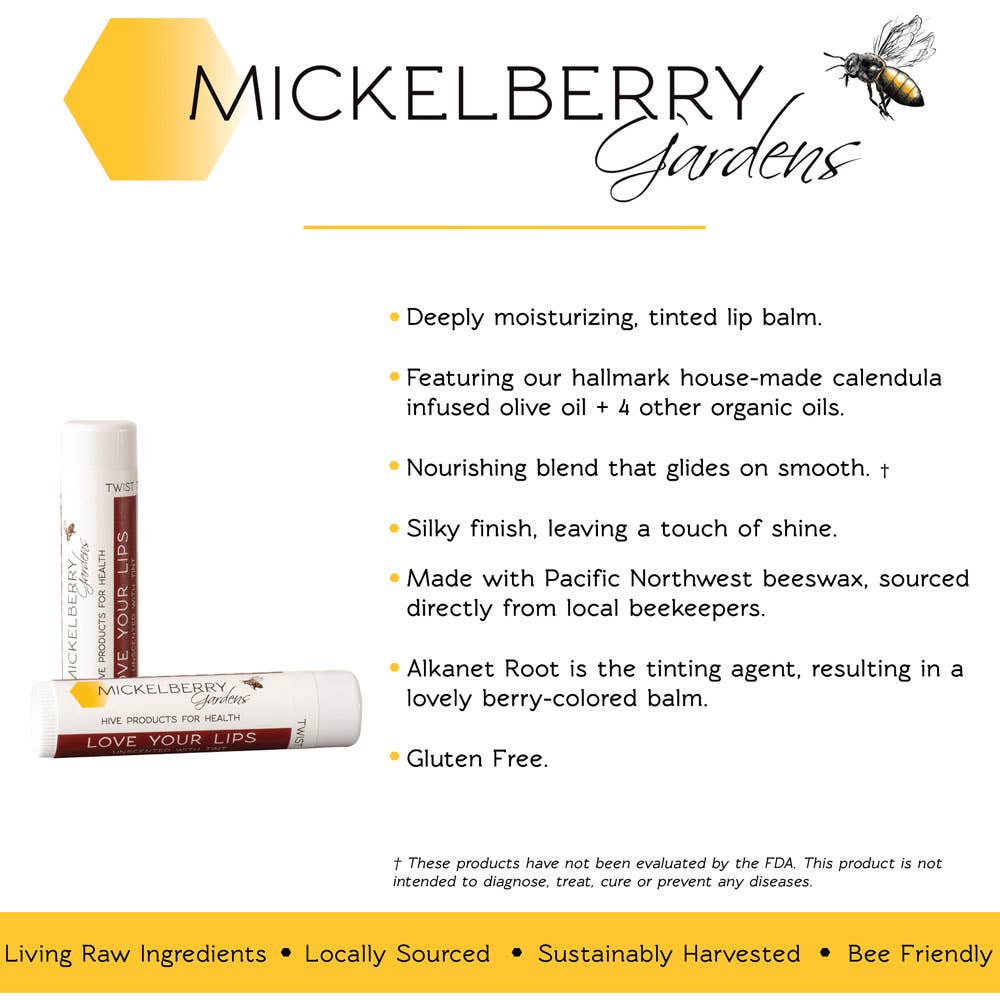 Mickelberry Gardens Tinted Love Your Lips Balm information graphic describing its alkanet-root berry tint