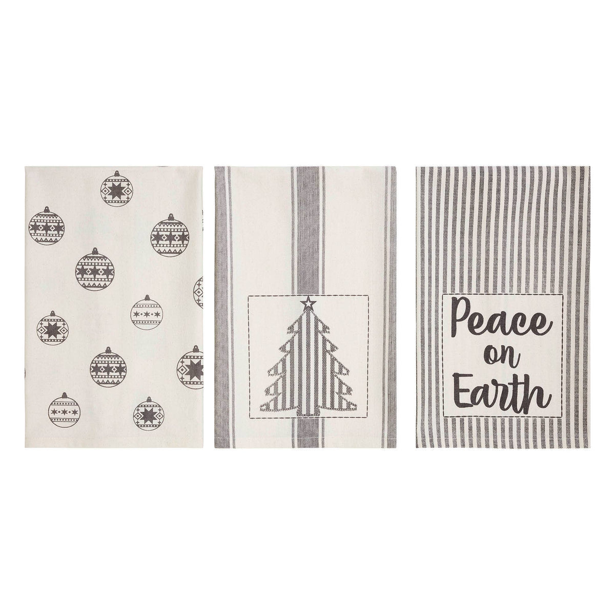Grace Christmas tea towel designs shown side by side with ornaments, a striped Christmas tree, and Peace on Earth lettering.
