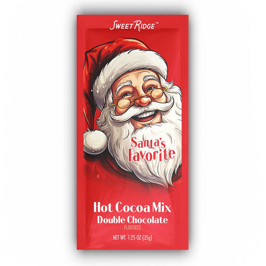SweetRidge Santa’s Favorite Double Chocolate Hot Cocoa Mix 1.25 oz red packet featuring a smiling Santa