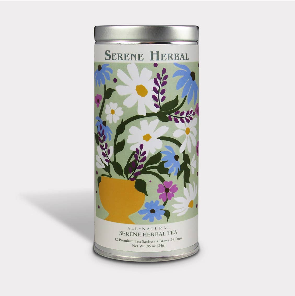 Serene Herbal Tea tall tin with white, blue, and purple flowers and a yellow teacup on a pale green background