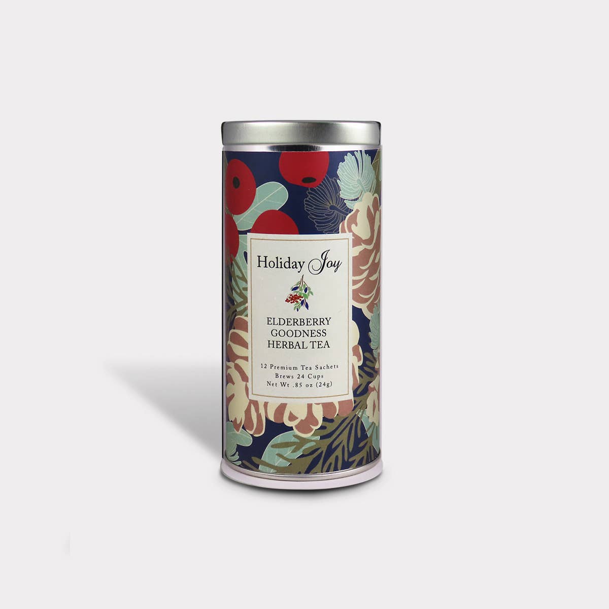 Holiday Joy Elderberry Goodness Herbal Tea tin with botanical leaves, pinecones, and red berries