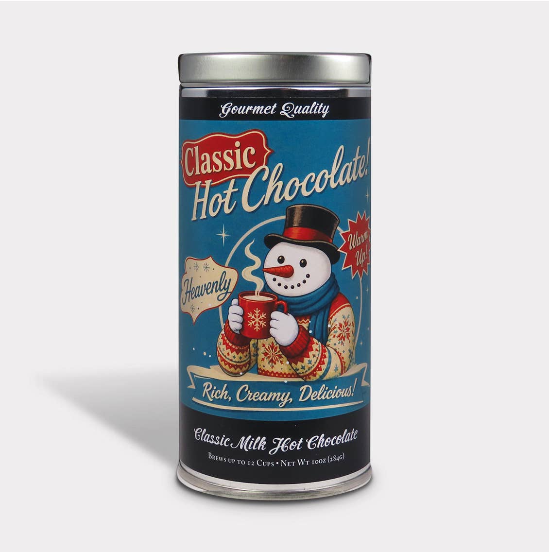 Wonderland Classic Hot Chocolate tin with a snowman holding a red mug on a blue holiday label