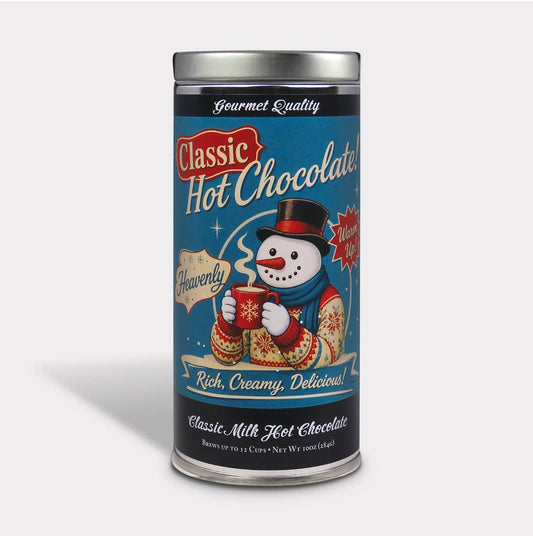 Wonderland Classic Hot Chocolate tin with a snowman holding a red mug on a blue holiday label