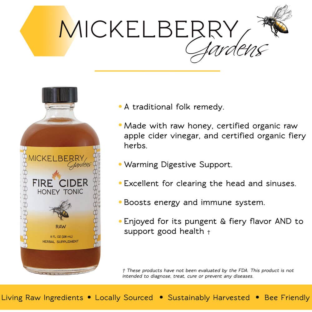 Mickelberry Gardens Fire Cider Honey Tonic glass bottle with amber-colored tonic, yellow label, and black cap